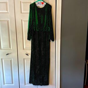 Women’s Tadashi Shoji green velvet dress I wore to my son’s wedding.